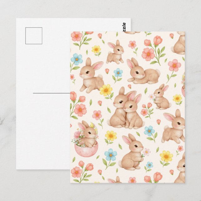 Carte Postale Sweet Spring Bunnies & Floral Garden Pattern (Devant / Derrière)