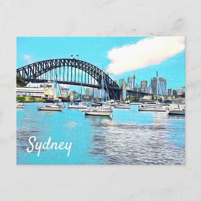 Carte Postale Sydney Harbour Bridge bleu ciel avec yachts (Devant)