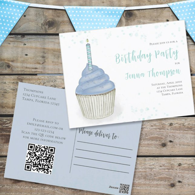 Carte Postale Sympa Birthday Whimsical Blue Cupcake QR Code (Créateur téléchargé)