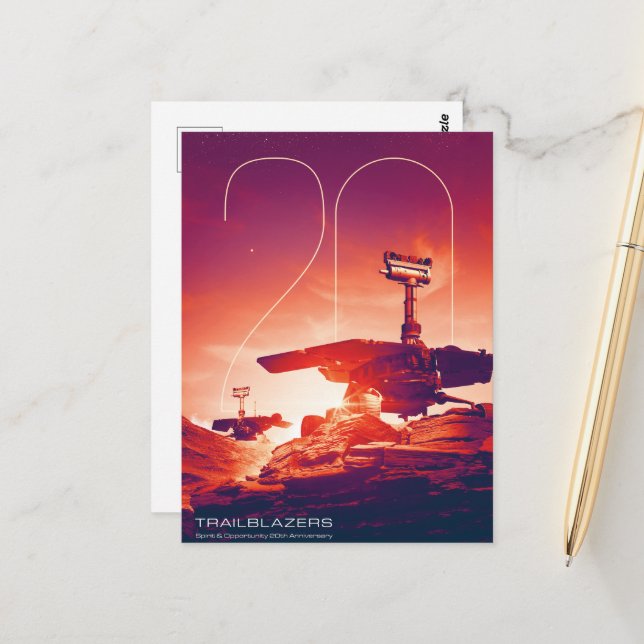 Carte Postale Système solaire, 20 ans d'esprit et d'opportunité (Devant/Arrière en situation)