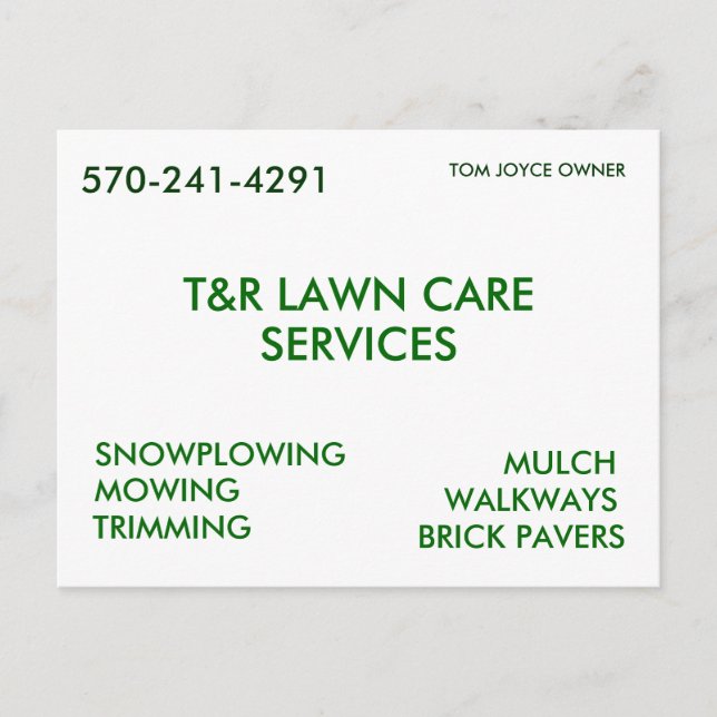 CARTE POSTALE T&R LAWN CARE, SERVICES, NEIGE, MOUILLAGE, T... (Devant)