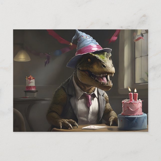 Carte Postale T-rex avec chapeau d'anniversaire (Devant)