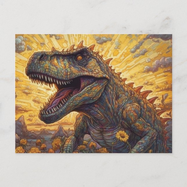 Carte Postale T-rex dans un champ de tournesol (Devant)