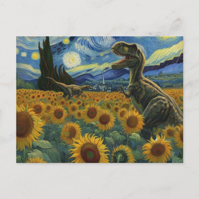 Carte Postale T-Rex Dinos à Van Gogh Starry Sunflower de nuit (Devant)