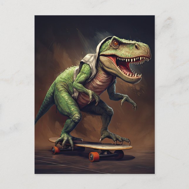 Carte Postale T-Rex Dinosaur Rising a Skateboard Anniversaire Pa (Devant)