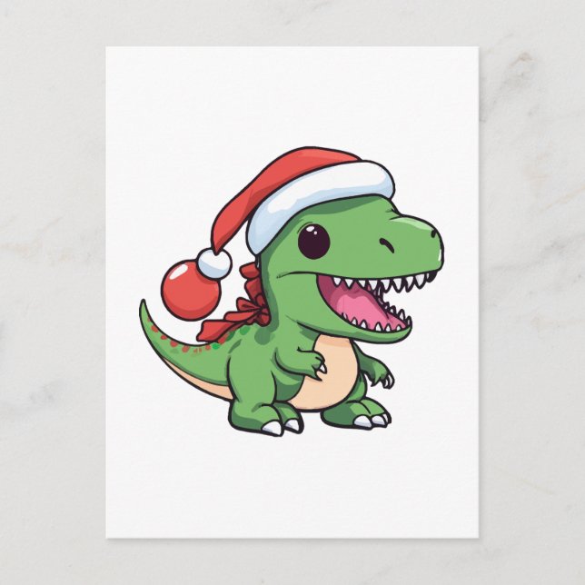 Carte Postale T-Rex Dinosaure Kawaii en Chapeau de Noël (Devant)