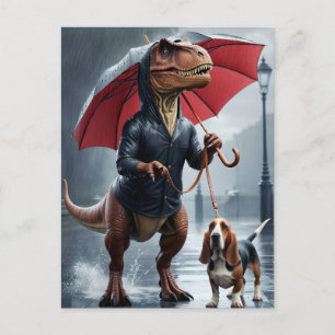 Carte Postale T-Rex promenant un basset hound sous la pluie