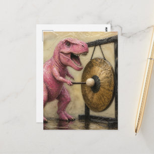 Carte Postale T-Rex rose tape un gong