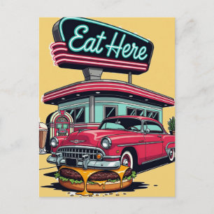 Carte Postale T-shirt de burger de voiture classique Diner Rétro