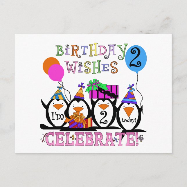 Carte Postale T-shirts et cadeaux Silly Penguins 2e anniversaire (Devant)