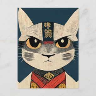 Carte Postale Tabby Chat comme Nobunaga Oga Mur en bois japonais