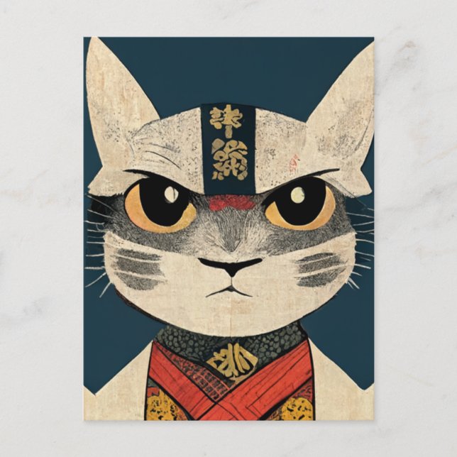 Carte Postale Tabby Chat comme Nobunaga Oga Mur en bois japonais (Devant)