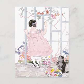 Carte Postale Tabby Chat et Fille de Trellis avec Vin Flower