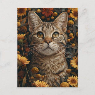 Carte Postale Tabby Gris Chat en automne Fleurs Jardin