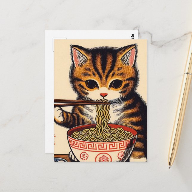 Carte Postale Tabby Kitten Brown Manger Ramen Bois Imprimer (Devant/Arrière en situation)