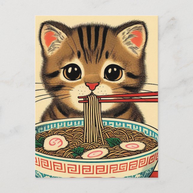 Carte Postale Tabby Kitten Manger Ramen Bois Imprimer (Devant)