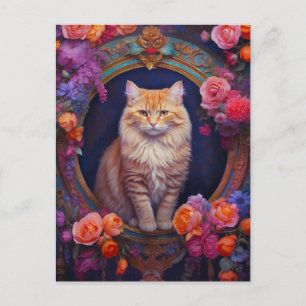 Carte Postale Tabby orange avec joaillerie et fleurs