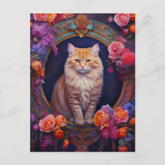 Carte Postale Tabby orange avec joaillerie et fleurs (Devant)
