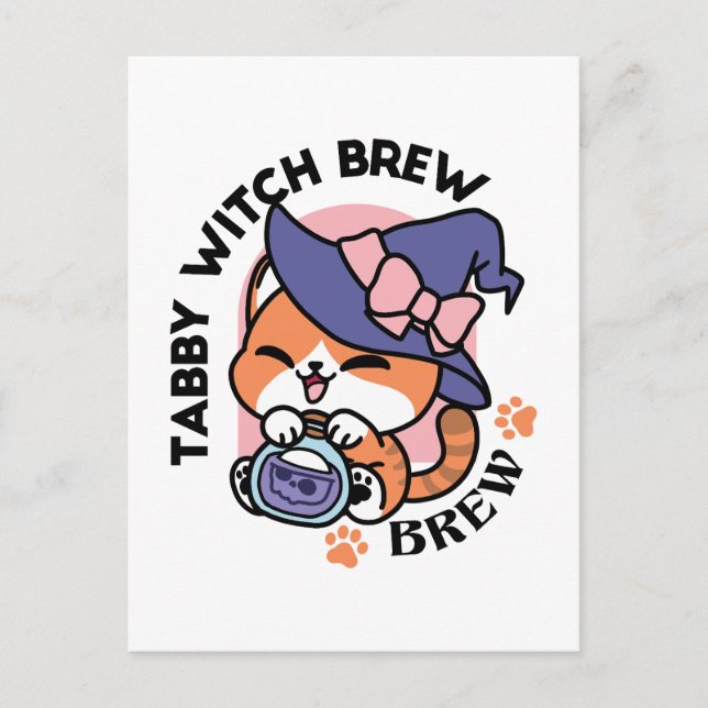 Carte Postale Tabby Witch Brew – Joli dessin de chat d'Halloween (Devant)