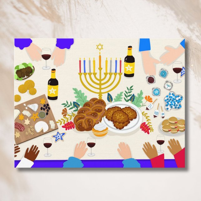 Carte Postale Table de Hanukkah joyeuse avec menorah, nourriture (Créateur téléchargé)