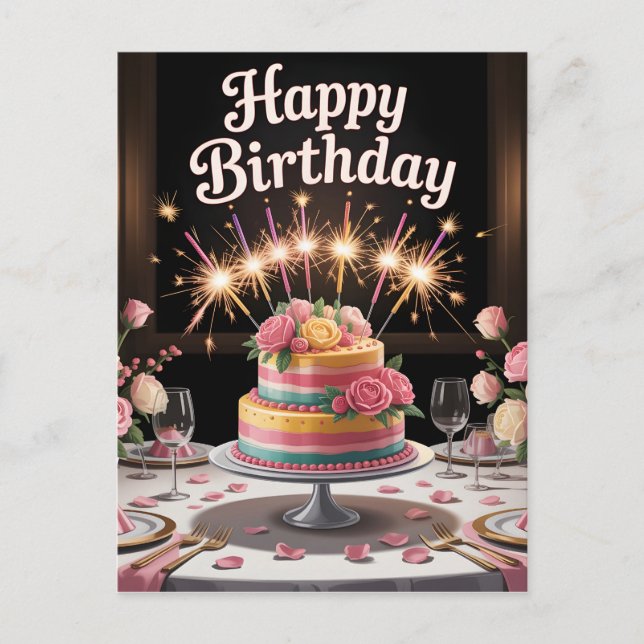 Carte Postale Table élégante de dîner d'anniversaire avec gâteau (Devant)