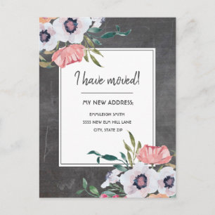 Carte Postale Tableau craie annonce déménagement floral rose bla