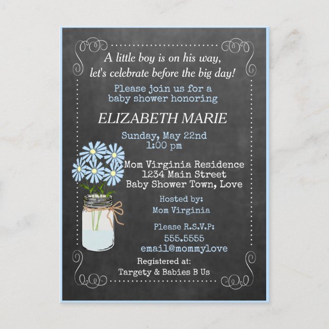 Carte Postale Tableau de bord Look Baby shower bleu Invitation | (Devant)