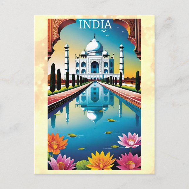 Carte Postale Taj Mahal Agra Inde Aquarelle Lotus Floral (Devant)