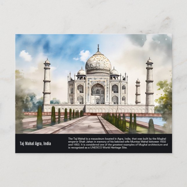 Carte Postale Taj Mahal Agra Inde Voyage Aquarelle Peinture (Devant)