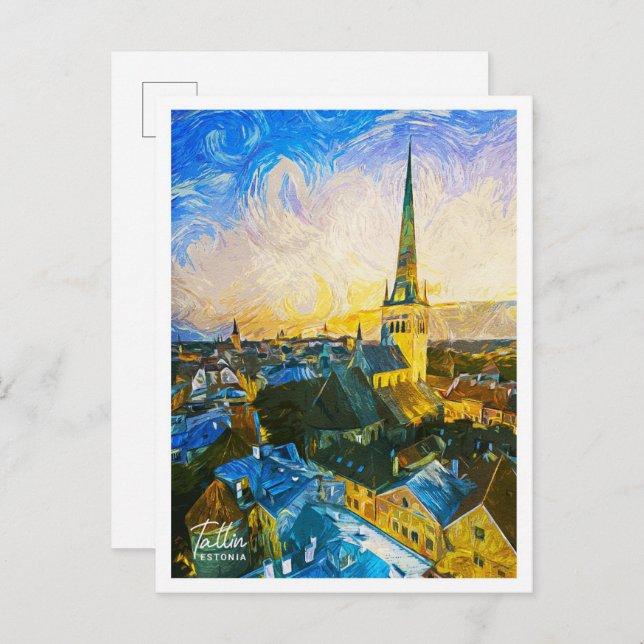 Carte Postale Tallin Estonie Belle peinture à l'huile Paysage (Devant / Derrière)