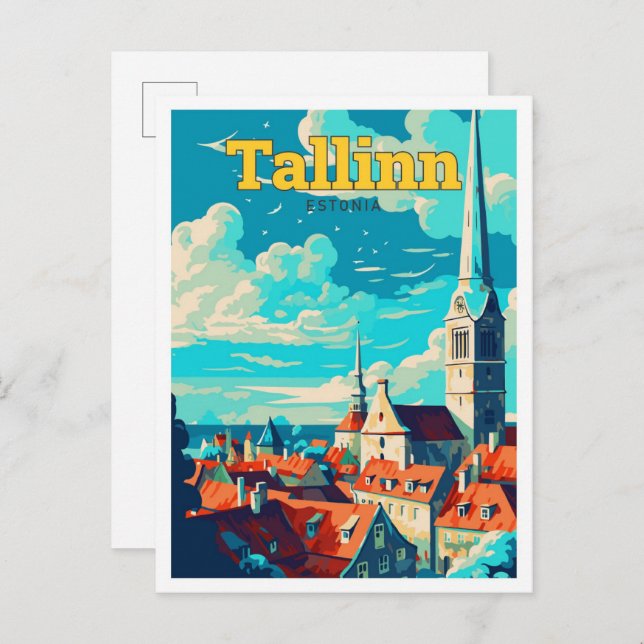 Carte Postale Tallinn Estonie Art Voyage Illustration Vintage (Devant / Derrière)