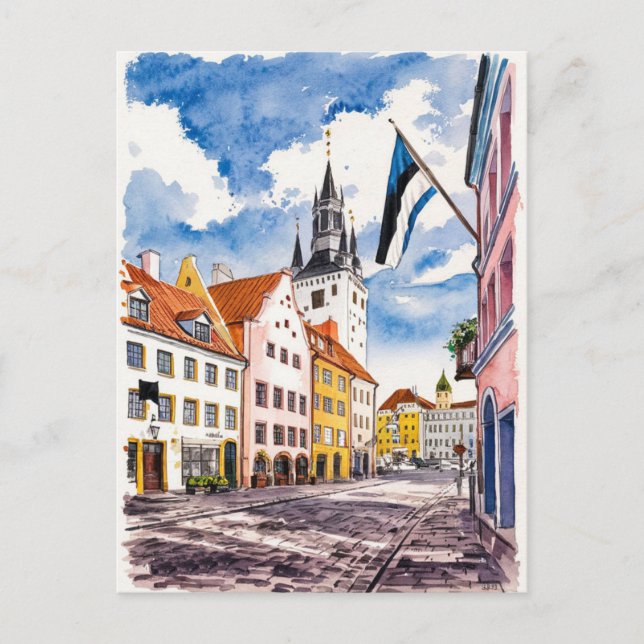 Carte Postale Tallinn Estonie Street aquarelle peinture (Devant)