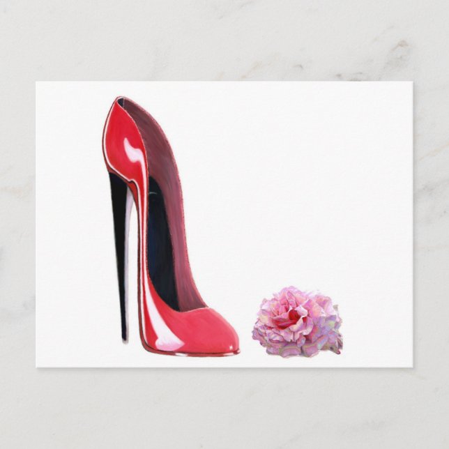 Carte Postale talon noir rouge stiletto chaussure et rose (Devant)