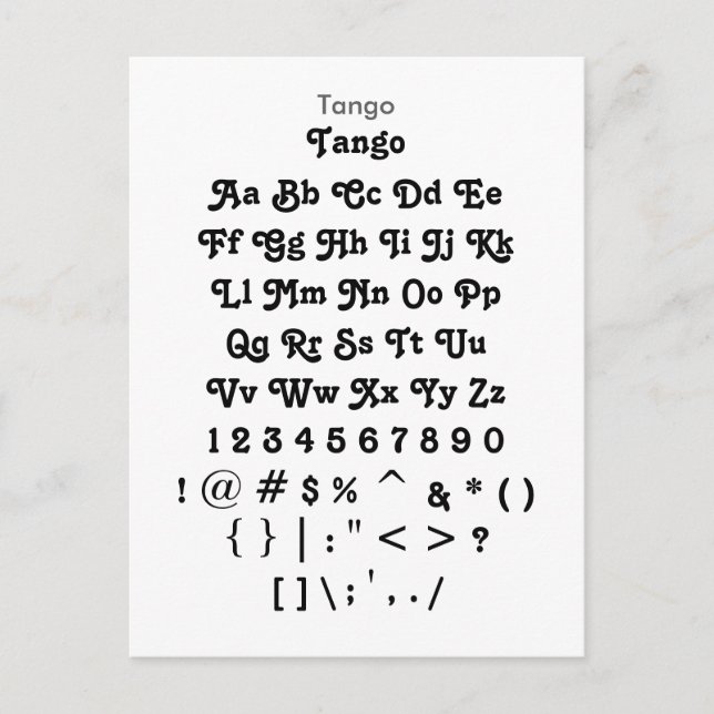 Carte Postale Tango - Feuille d'échantillonnage de police Zazzle (Devant)