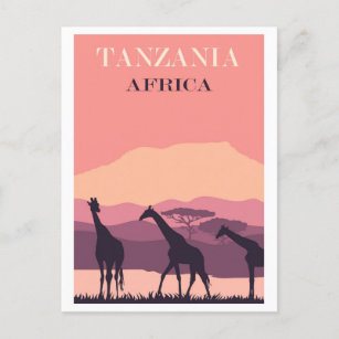 Carte Postale Tanzanie Afrique rose Vintage Giraffe Voyage