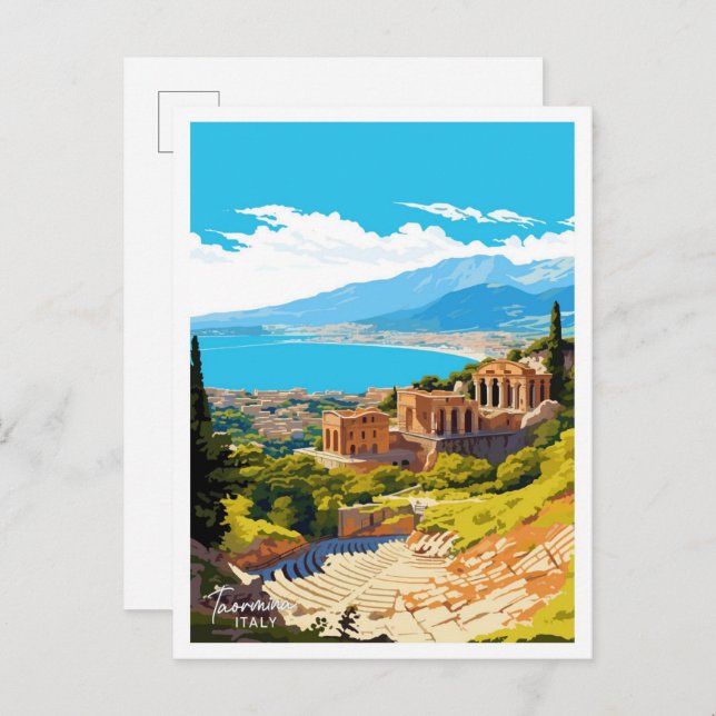Carte Postale Taormina Italie Voyage illustration Vintage (Devant / Derrière)