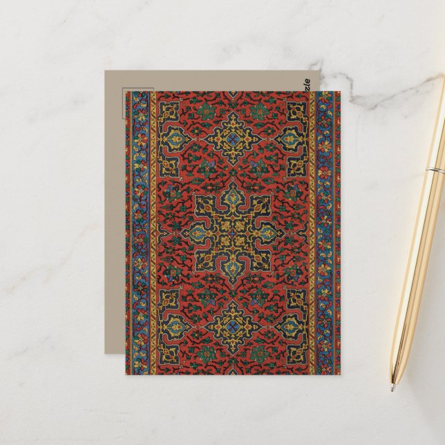 Carte Postale Tapis persan rouge bleu classique (Devant/Arrière en situation)