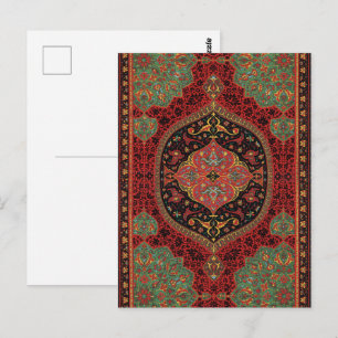 Carte Postale Tapis persan vintage motif rouge vert arabesque