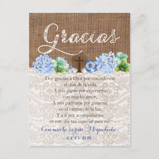 Carte Postale Tarjeta de gracias con oración para Bautizo (Devant)