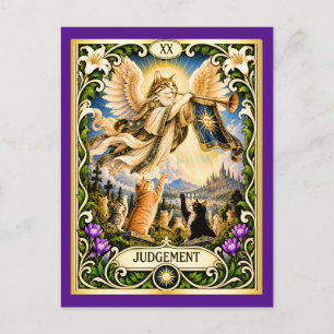Carte Postale Tarot du Chat du Jugement - Éveil et Rénovation