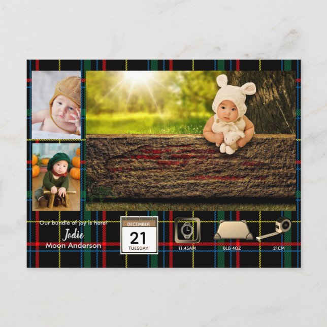 Carte Postale Tartan BABY STATS Photo Collage Faire-part (Devant)