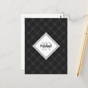 Carte Postale Tartan noir et blanc tendance Monogramme personnal