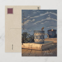 Tasse à café vintage livre bougie ciel bleu nuages
