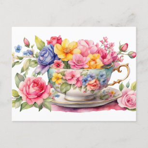 Carte Postale Tasse à thé à l'aquarelle avec de belles fleurs 
