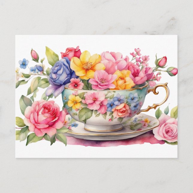 Carte Postale Tasse à thé à l'aquarelle avec de belles fleurs  (Devant)