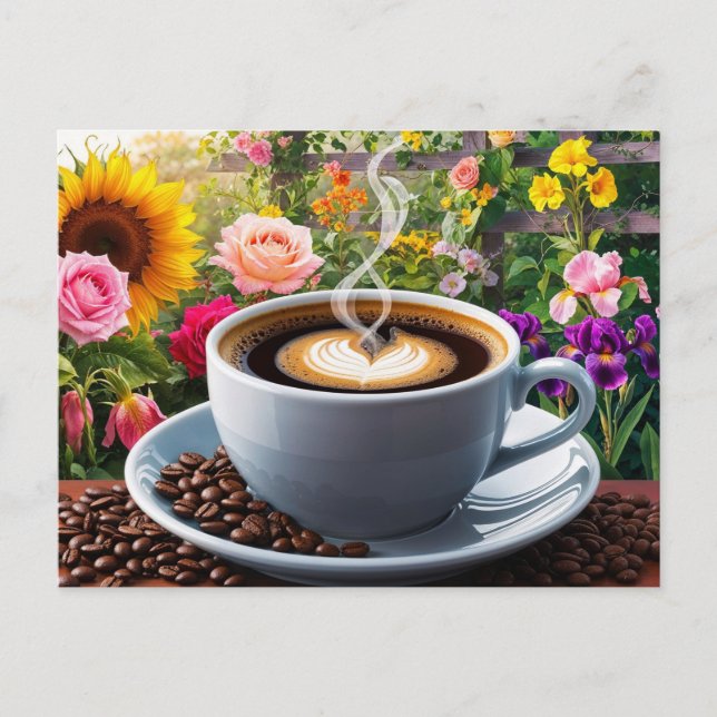 Carte Postale Tasse de café du matin et beau jardin floral  (Devant)