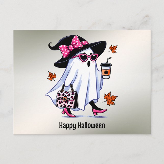 Carte Postale Tasse de café Halloween Mignon Fantôme de Sorcière (Devant)