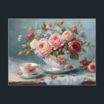 Carte Postale Tasse de thé avec de belles fleurs<br><div class="desc">Belles fleurs aquarelles dans une tasse</div>