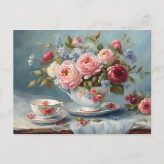 Carte Postale Tasse de thé avec de belles fleurs 
