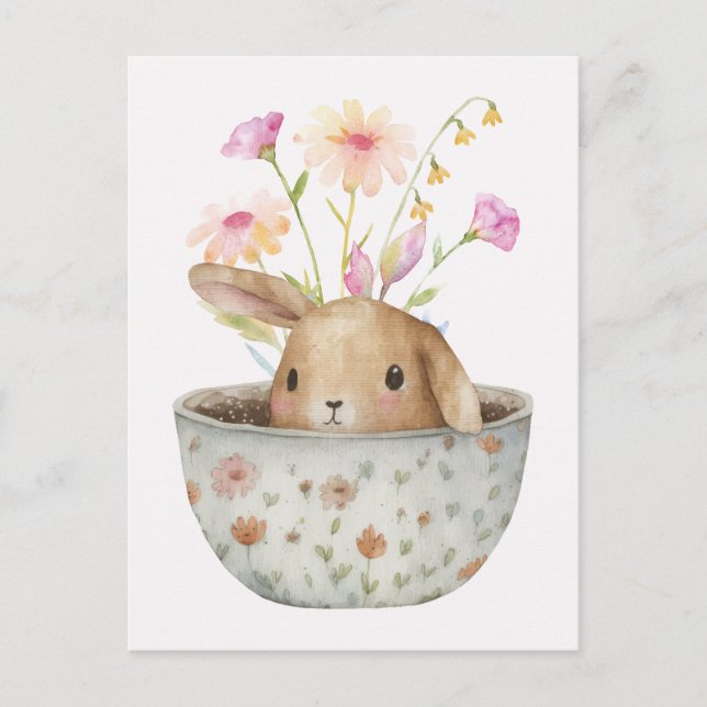 Carte Postale tasse de thé lapin mignonne avec fleurs (Devant)
